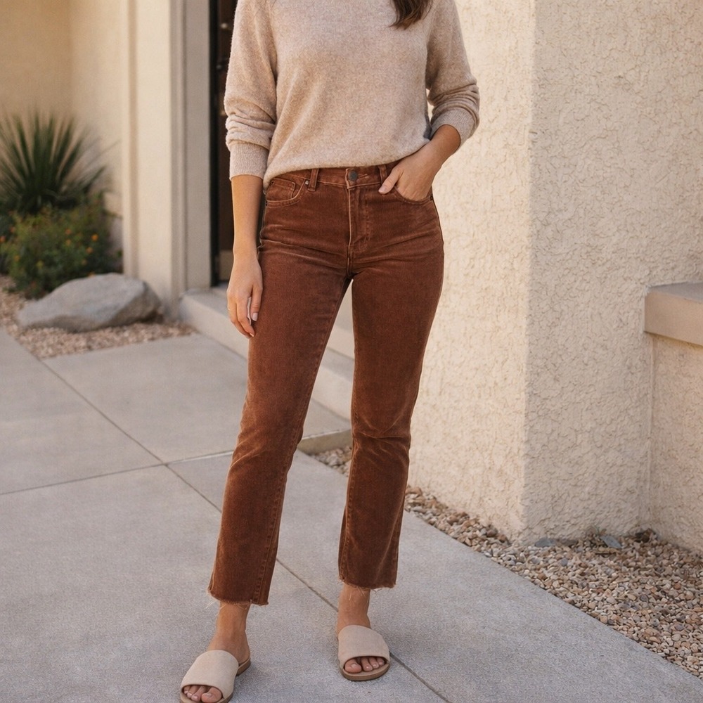 Mother Mid Rise Dazzler Ankle Fray Corduroy Pants Hopscotch Brown‎ Womens 24